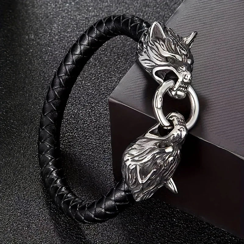 Retro Viking Double Wolf Head Leather Bracelet for Men