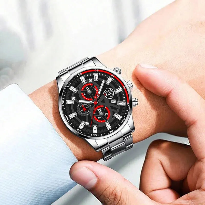 Juego de relojes cronógrafo de acero de plata para hombres