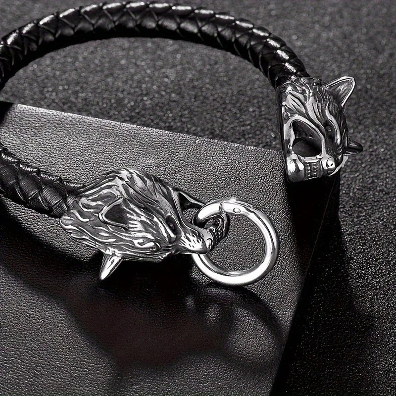 Retro Viking Double Wolf Head Leather Bracelet for Men
