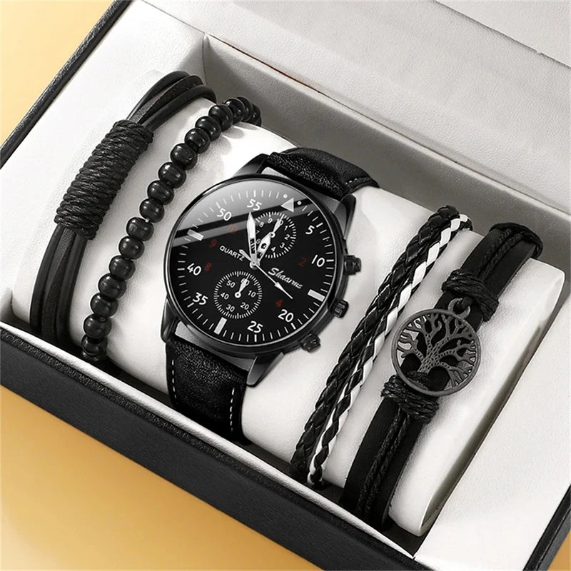 Luxury Brown Leather Watch & Bracelet Set