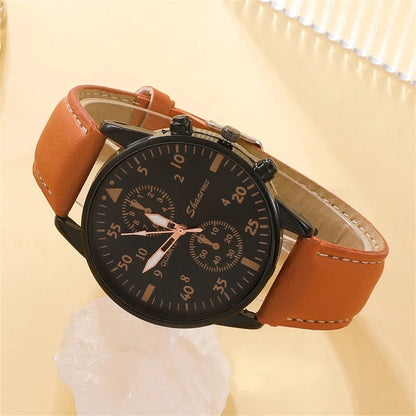 Luxury Brown Leather Watch & Bracelet Set