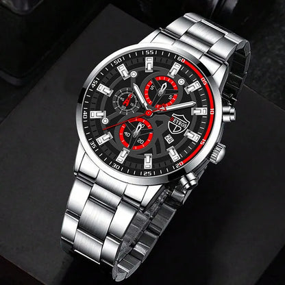 Men's Silver Steel Chronograph Watch Set