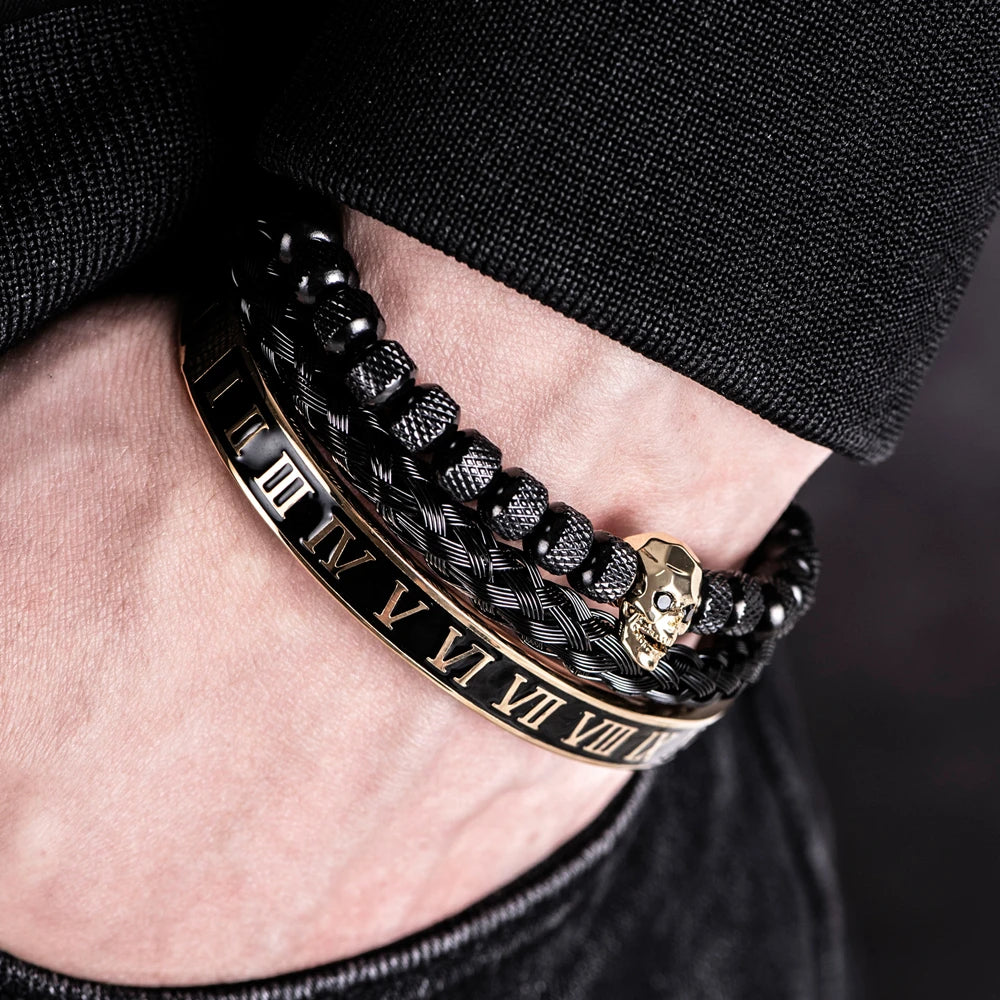 Roman Numeral & Skull Bracelet Set