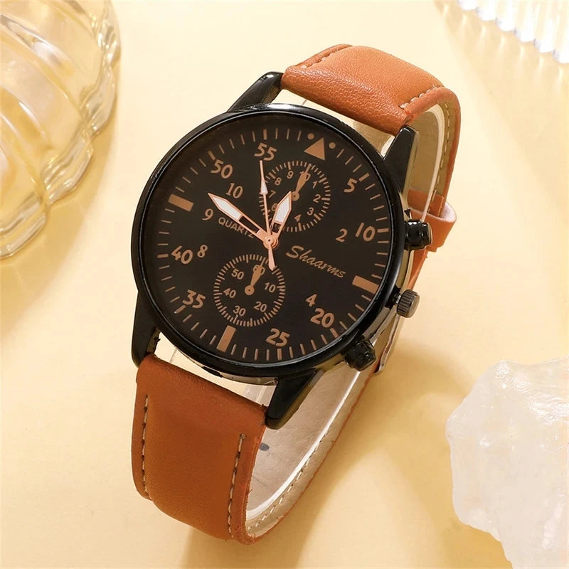 Luxury Brown Leather Watch & Bracelet Set