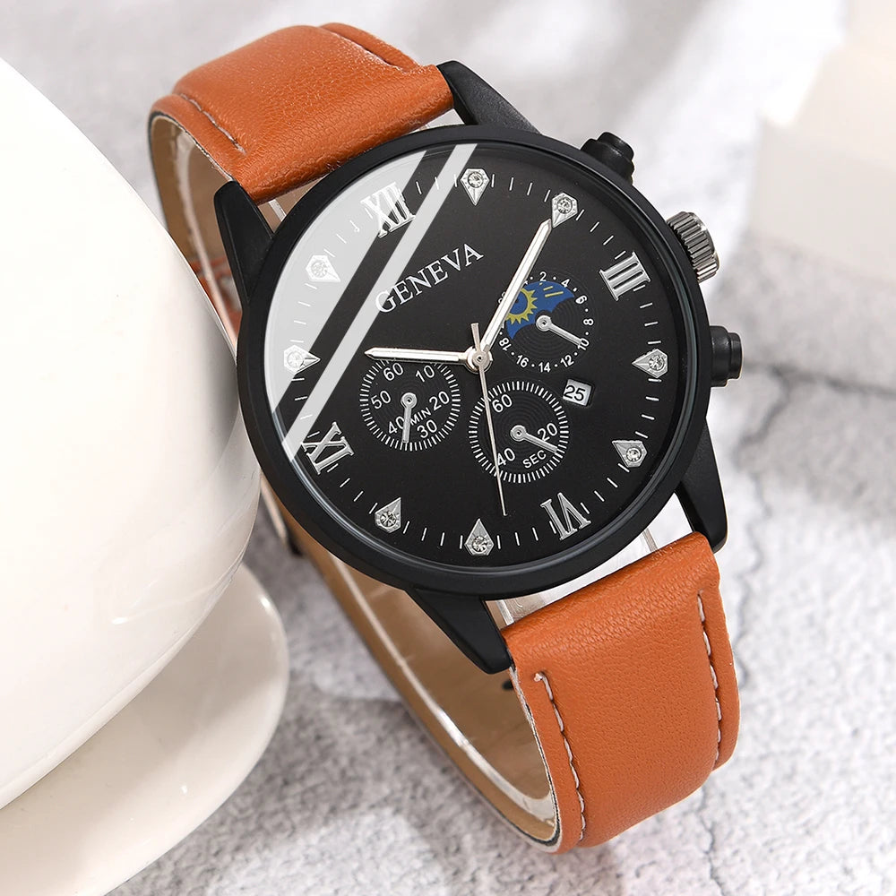 4PCS Brown Men Watch Fashionable Luxury