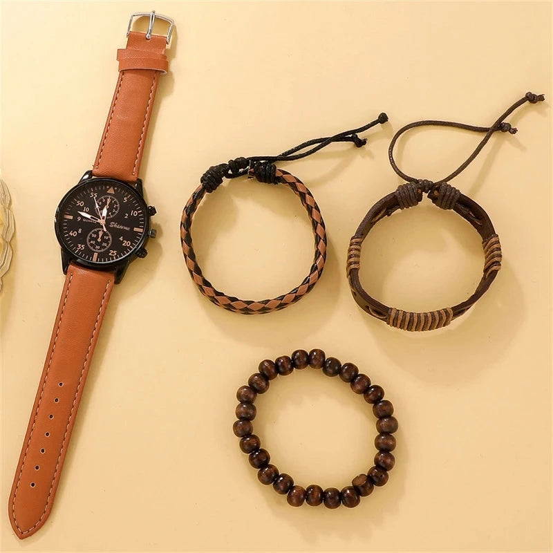 Luxury Brown Leather Watch & Bracelet Set