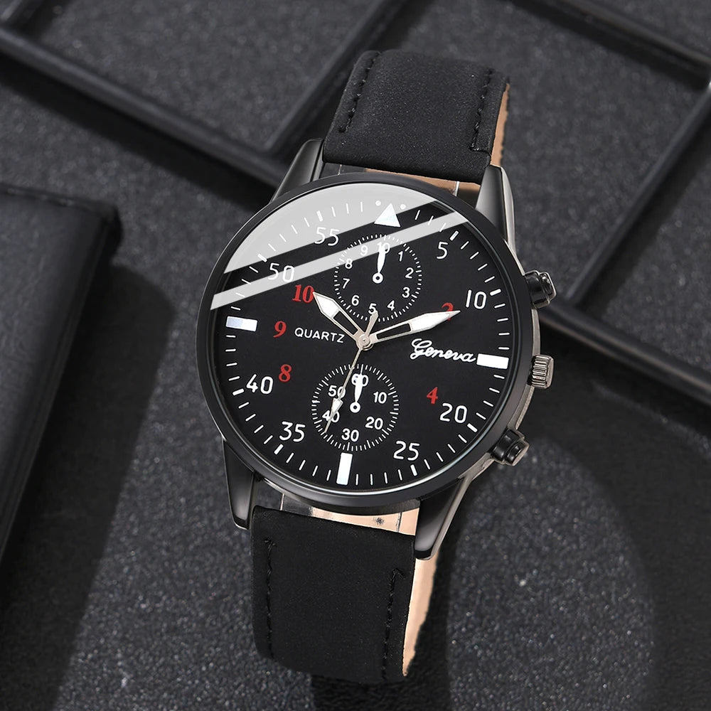 3PCS / Set Men Black Quartz Watch - Cuir PU à la mode