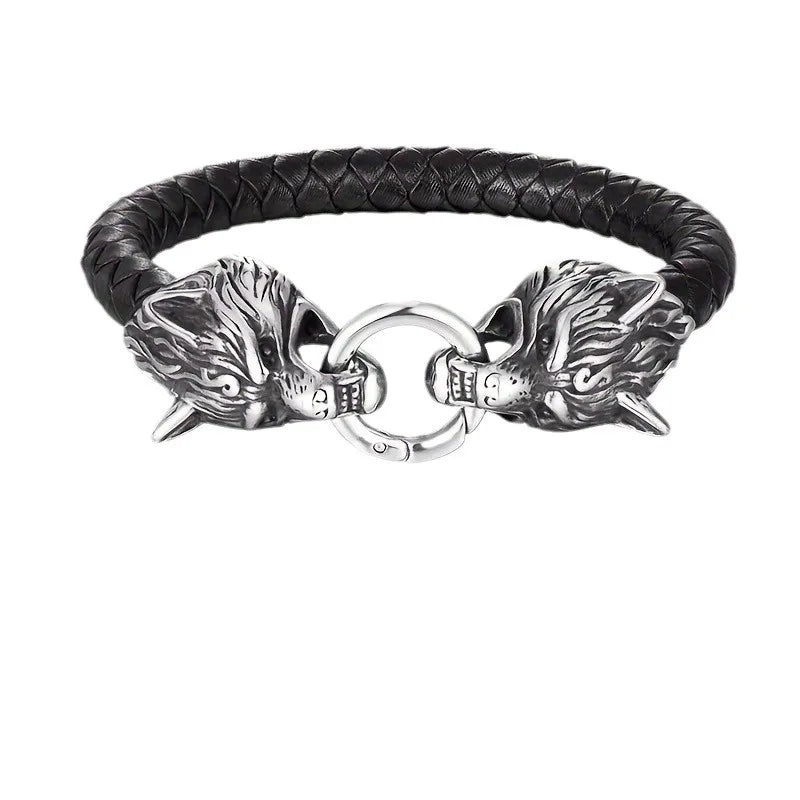 Brazalete retro vikingo de cuero de cabeza de doble lobo para hombres 