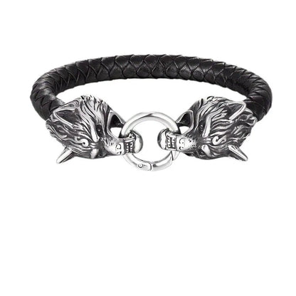 Retro Viking Double Wolf Head Leather Bracelet for Men 