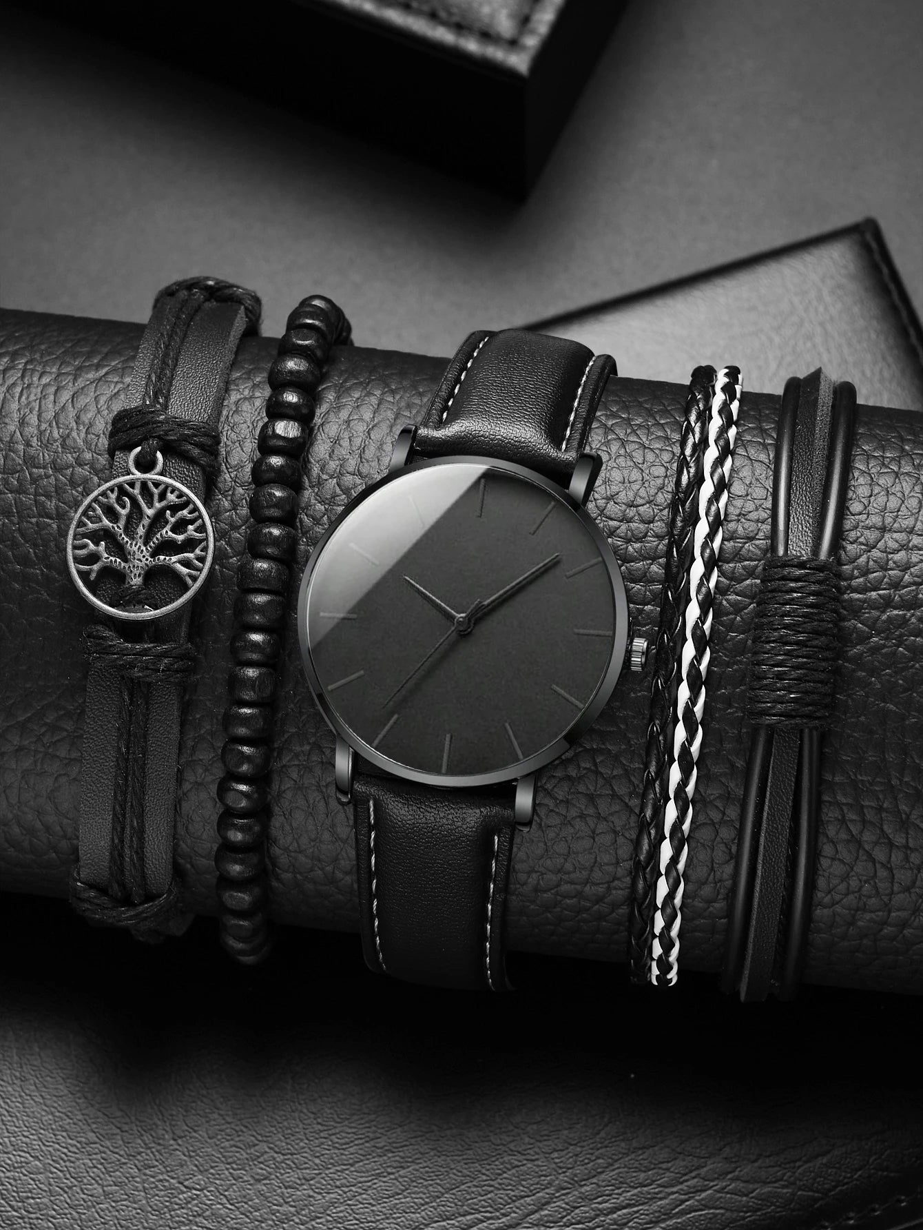 Set de pulsera de reloj negro de 5 piezas para hombres