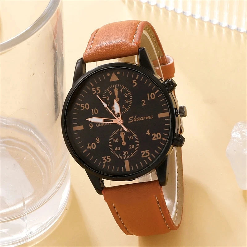 Luxury Brown Leather Watch & Bracelet Set