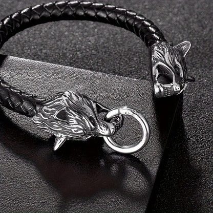 Bracelet en cuir à tête double viking Viking pour hommes 