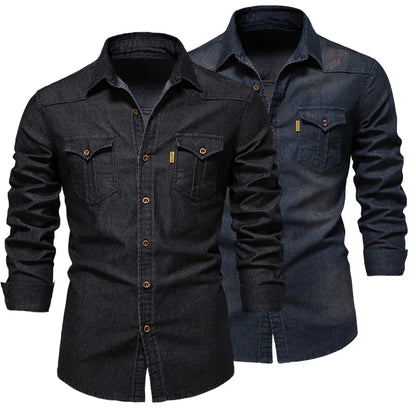 Herren -Baumwoll -Denim -Langarmhemd