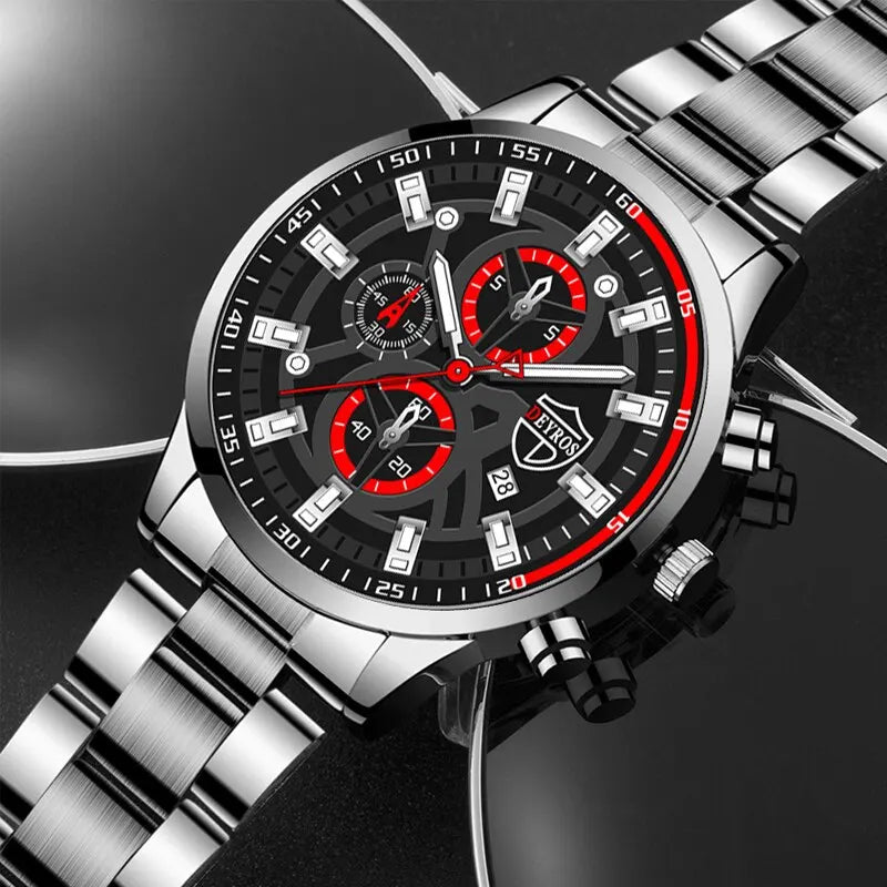 Men's Silver Steel Chronograph Watch Set